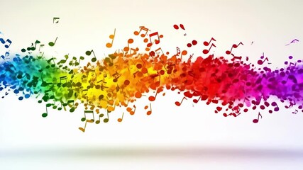 Colorful musical notes flowing in rainbow pattern on white background