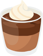 A flat vector illustration of a chocolate mousse dessert in a glass cup topped with whipped cream, representing a cozy and delicious festive treat.