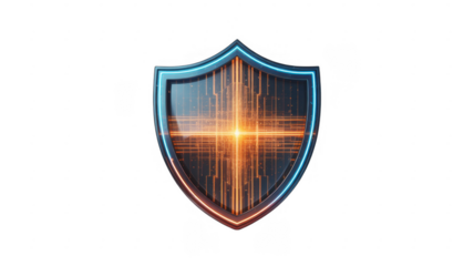 Glowing Blue and Orange Shield with Digital Circuitry Pattern isolated on a transparent background
