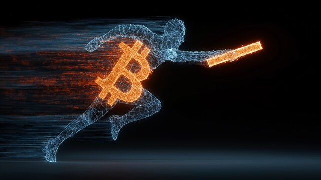 Digital runner with glowing bitcoin symbol and baton, representing fast cryptocurrency transfer, blockchain technology, innovation, and futuristic finance in dynamic, energetic style