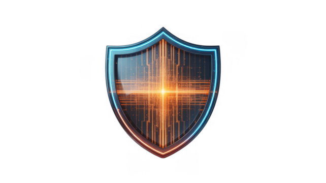 Glowing Blue and Orange Shield with Digital Circuitry Pattern isolated on a transparent background - Powered by Adobe