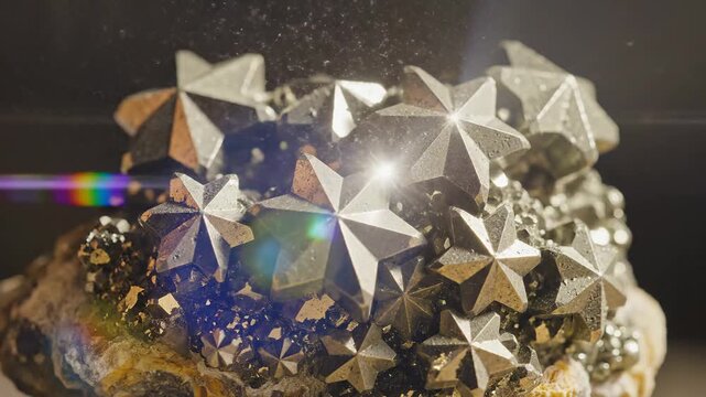 mesmerizing starburst pyrite mineral macro photography with light flares