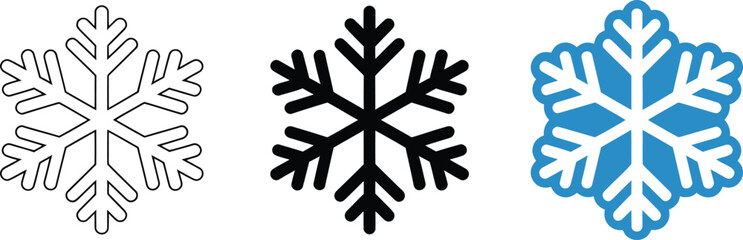 Solid black snowflake icon vector symbol for cold winter weather frost and ice crystal design