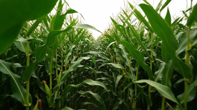 A low angle view through a lush green corn field showing rows of tall stalks reaching towards the sky