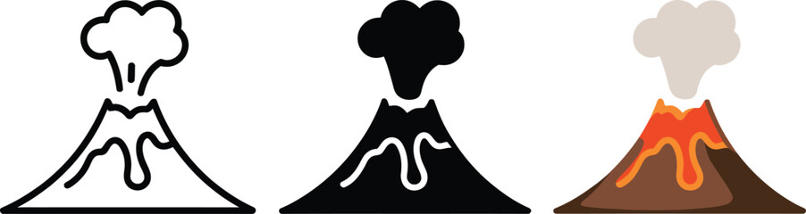Three volcano icons showing lava flowing down in outline, glyph, and flat styles © fay009