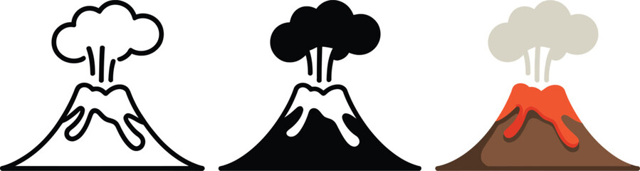 Three volcano icons with erupting smoke and lava in outline, glyph, and flat styles © fay009