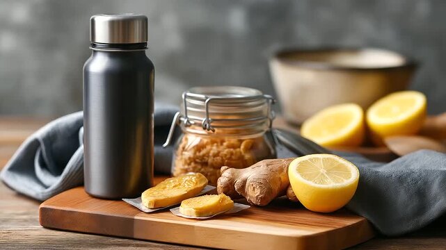 Minimal still life water bottle, electrolyte sachet, lemon slices, ginger root on cutting board, recovery kit aesthetic, with copy space