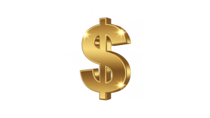 Golden dollar sign with bright highlights isolated on a transparent background