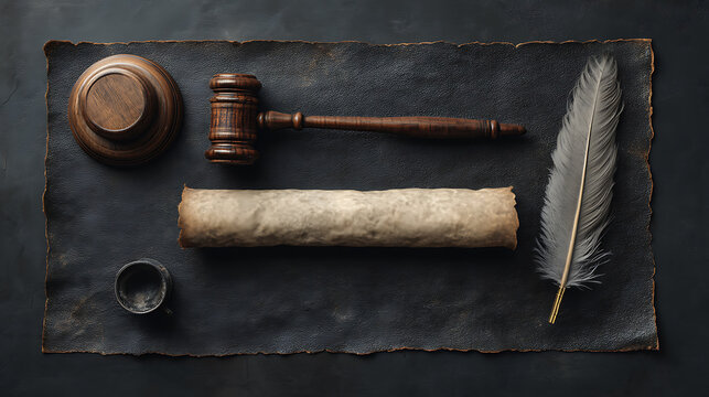gavel, quill pen and ancient legal scroll