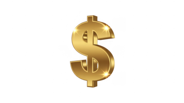 Golden dollar sign with bright highlights isolated on a transparent background