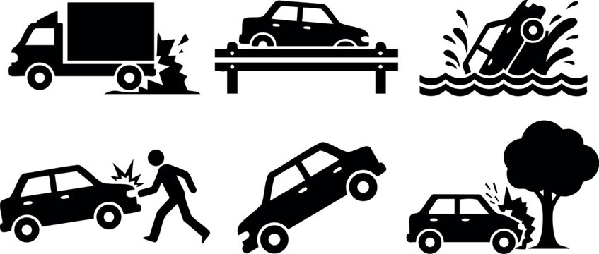 Car accident vector icons with various crash scenarios and pedestrian impact illustration