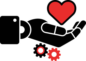 Robotic hand holding heart symbol with gears on white background