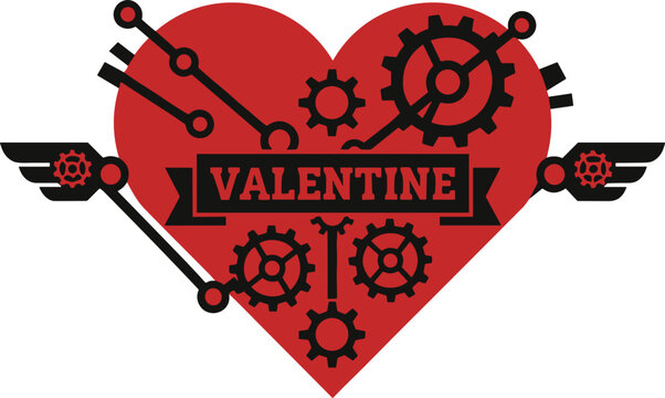 Stylized red heart with mechanical gears and Valentine text in steampunk design
