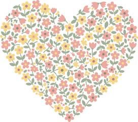 Colorful floral heart composed of small flowers on soft white background