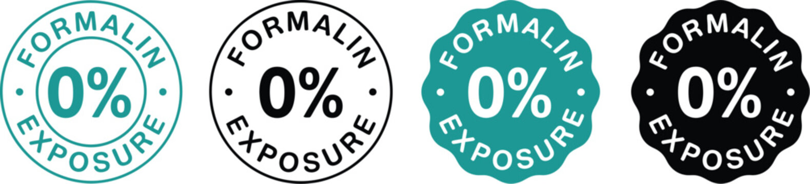 Formalin 0% Exposure Free Stamp Icon Set Showing Zero Percent Chemical Content, Representing Health, Safety, and Eco-Friendly Manufacturing Standards