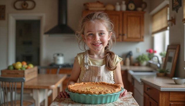 Smiling girl holding homemade pie in cozy kitchen setting