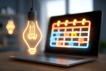 An innovative office setting with a glowing holographic calendar and colorful task reminder icons hovering over a modern laptop, bathed in warm ambient light, evoking a mood of creativity and organiza