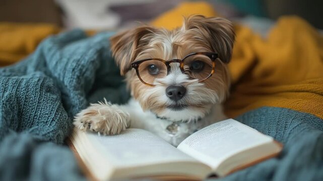 Adorable dog wearing glasses reading a book on cozy blankets