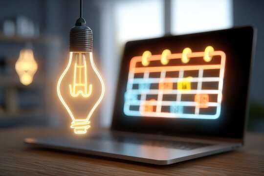 An innovative office setting with a glowing holographic calendar and colorful task reminder icons hovering over a modern laptop, bathed in warm ambient light, evoking a mood of creativity and organiza