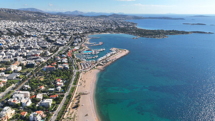 Aerial drone photo of famous luxury South area of Glyfada capital's best-known nightclubs, upscale restaurants and shops, Athens Riviera, Attica, Greece