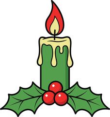 Festive Christmas Icon of a Green Candle with Dripping Wax and Red Flame, Surrounded by Traditional Holly Leaves and Bright Red Berries, Ideal for Holiday Graphic Design and Seasonal Decoration.