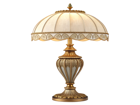 Elegant ornate table lamp, glowing pleated shade, golden base.