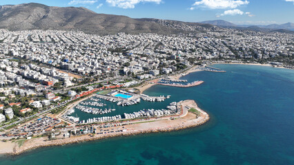 Aerial drone photo of famous luxury South area of Glyfada capital's best-known nightclubs, upscale...