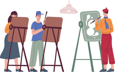 Art class students painting on canvases color icon