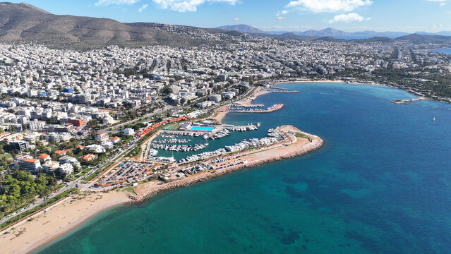 Aerial drone photo of famous luxury South area of Glyfada capital's best-known nightclubs, upscale restaurants and shops, Athens Riviera, Attica, Greece