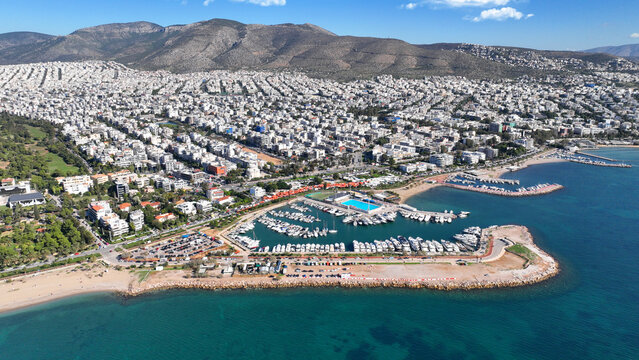 Aerial drone photo of famous luxury South area of Glyfada capital's best-known nightclubs, upscale restaurants and shops, Athens Riviera, Attica, Greece