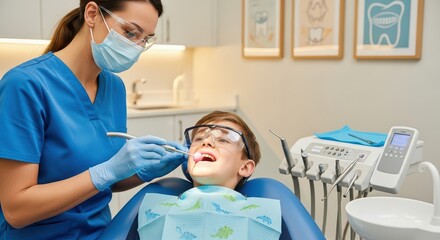Female dentist treating caucasian child in modern dental clinic