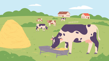 Farm field scene with cows. Summer rural nature