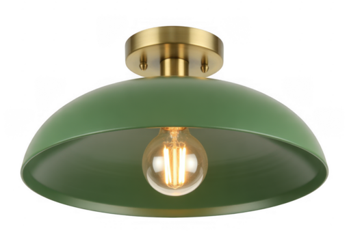 Green dome ceiling light with brass fixture and Edison bulb isolated on a transparent background