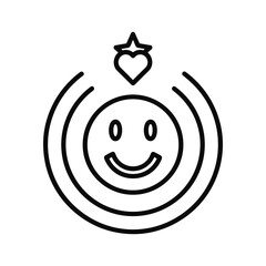 A cheerful smiling face icon with a heart and star above, surrounded by concentric circles, isolated on