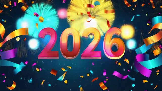 Colorful new year 2026 celebration with fireworks and confetti. Happy New Year 2026 - Powered by Adobe
