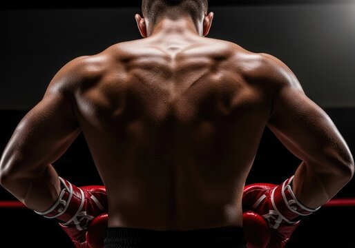 Boxer back muscles with gloves on ring | boxing, boxer, fighting, punch, athlete, gloves, training, action, combat sport, strength