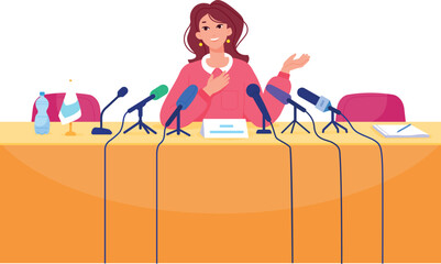 Woman speak on press conference. Cartoon public event