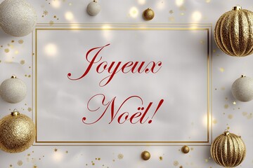 Christmas card in french language "Merry Christmas!" in red and gold color with christmas ornaments around