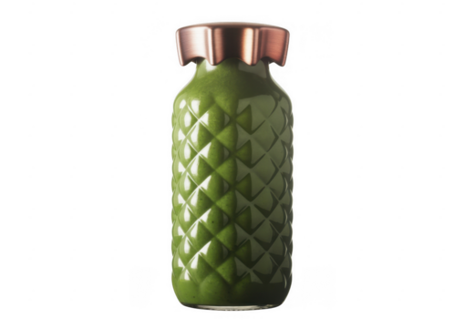 Green smoothie in textured glass bottle with copper lid isolated on a transparent background