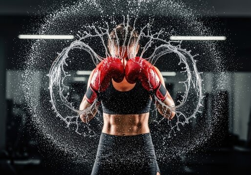 Female fighter after training with splash of water | boxing, boxer, fighting, punch, athlete, gloves, training, action, combat sport, strength