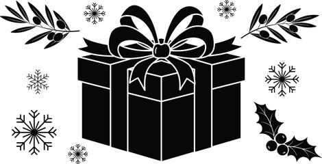Large Christmas Gift Box Silhouette with Decorative Ribbon Bow, Surrounded by Snowflakes, Holly, and Olive Branches, Creating a High-Contrast Black and White Festive Holiday Vector Graphic Design.