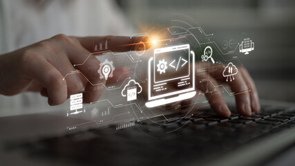 Modern web development concept featuring coding symbols, web development process, web development interface, and web development tools with futuristic design. Spline