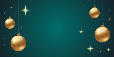 Elegant Christmas Background with Golden Baubles and Shining Stars on Dark Green Gradient