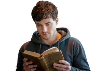 Young man in hoodie focused on reading an old book intently.