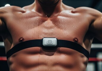 Chest of athletic man with heart rate monitor | boxing, boxer, fighting, punch, athlete, gloves, training, action, combat sport, strength