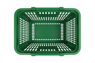 Green plastic shopping basket with handles isolated on a transparent background