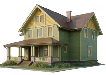 Green two story craftsman style house with yellow accents and stone porch isolated on a transparent background