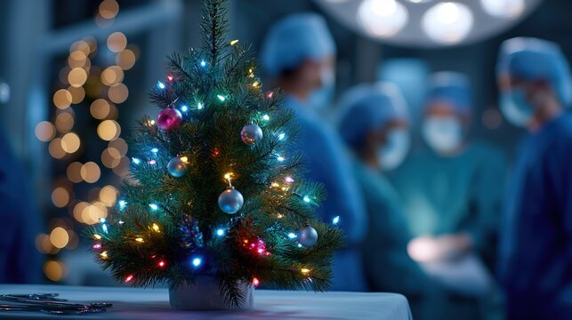 a christmas tree with lights and new year's toys on the table in an operating room of a hospital, with doctors wearing christmas hats working around it. 
