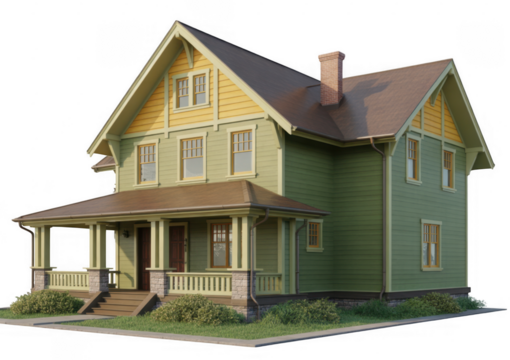 Green two story craftsman style house with yellow accents and stone porch isolated on a transparent background