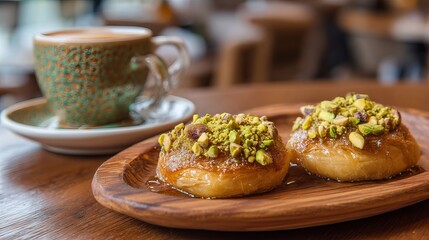 Indulge your senses with sweet pastries and creamy coffee, perfect for a delightful moment of relaxation and culinary pleasure on a wooden table